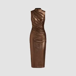 Women's Metallic Stand Collar Solid Ruched Midi Dress, 3 Colors, Size Range 0-26