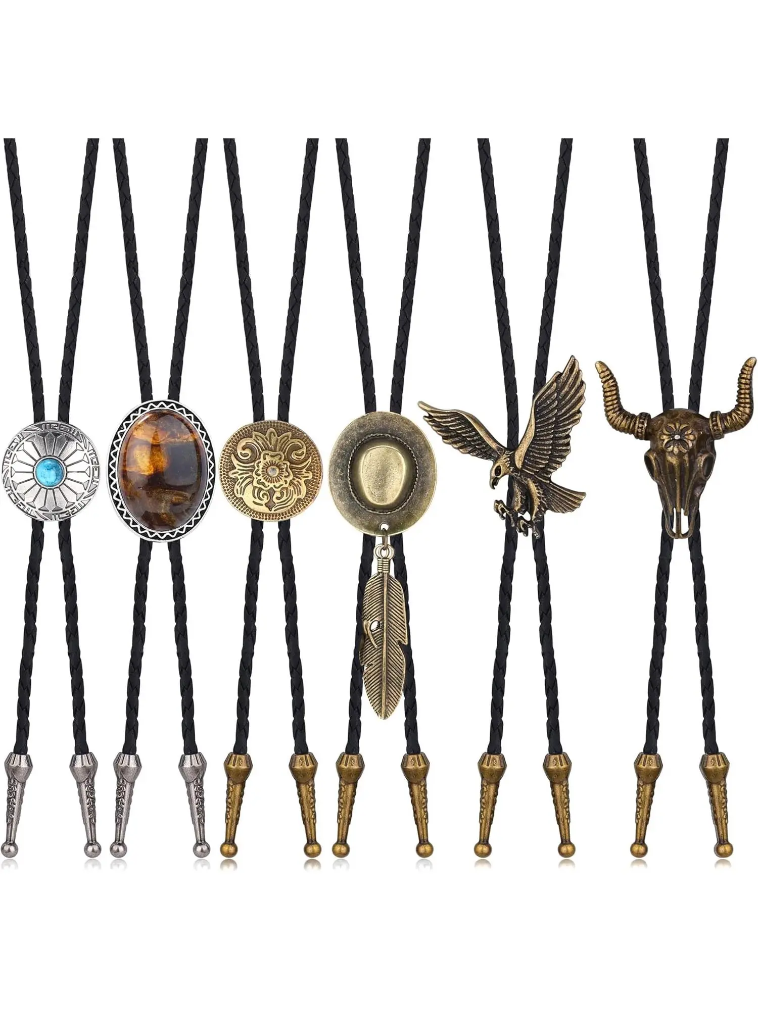 6 Pcs Black Ethnic Native American Bolo Tie Set, Ethnic Pattern Tie, Stylish Tie Design, for Women Men Black Handmade Leather Alloy Natural Tiger Eye Stone Turquoise Cow Skull Decorative Elements Classic Western Cowboy Design Concept