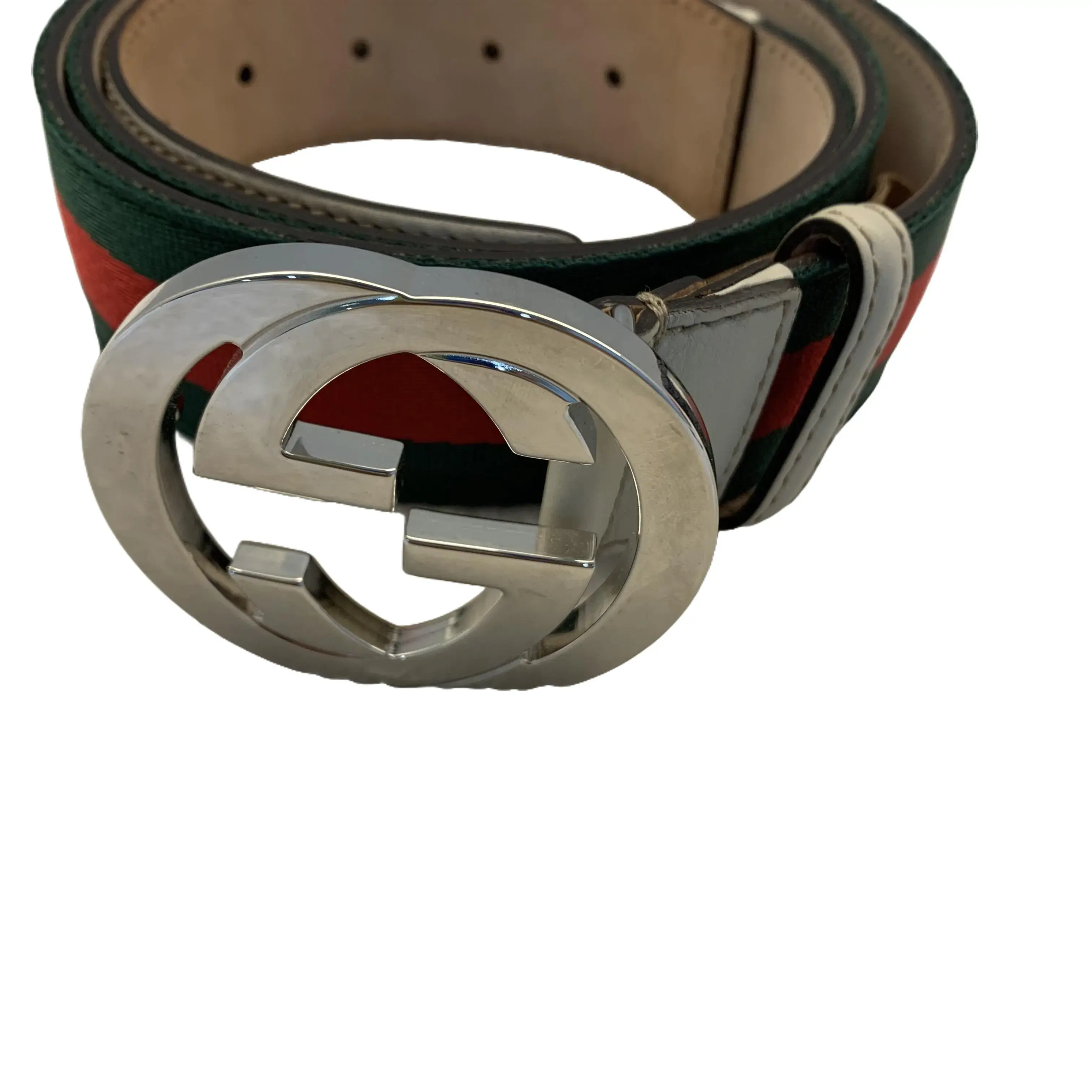 Pre-owned Gucci Web Stripe Canvas Leather Belt, Unisex Designer Waist Belt with Large Silver Interlocking GG Buckle, TKB00000052, Belts