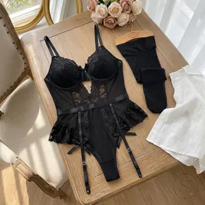 Women's Sexy Lace Mesh Bodysuit Top with Underwire & Garter Lingerie Set - 3 Piece Stretchable Comfortable Sheer Underwear Perfect for Date Night Party Intimate Wear Fashionable Style