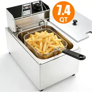 2000W Electric Deep Fryer 7.4QT Large Capacity Stainless Steel Non-Stick Pot with Basket & Removable Lid Easy-Clean Multi-Functional Cooker for Home Kitchen Industrial Use