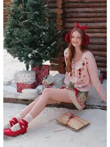 Strawberry Christmas Tree Knit Cardigan Alpaca Blended Yarn Soft Waxy Warm Handmade Wavy Lace Exquisite Details Painted Wooden Buckle Design Women's Knitwear - Womenswear