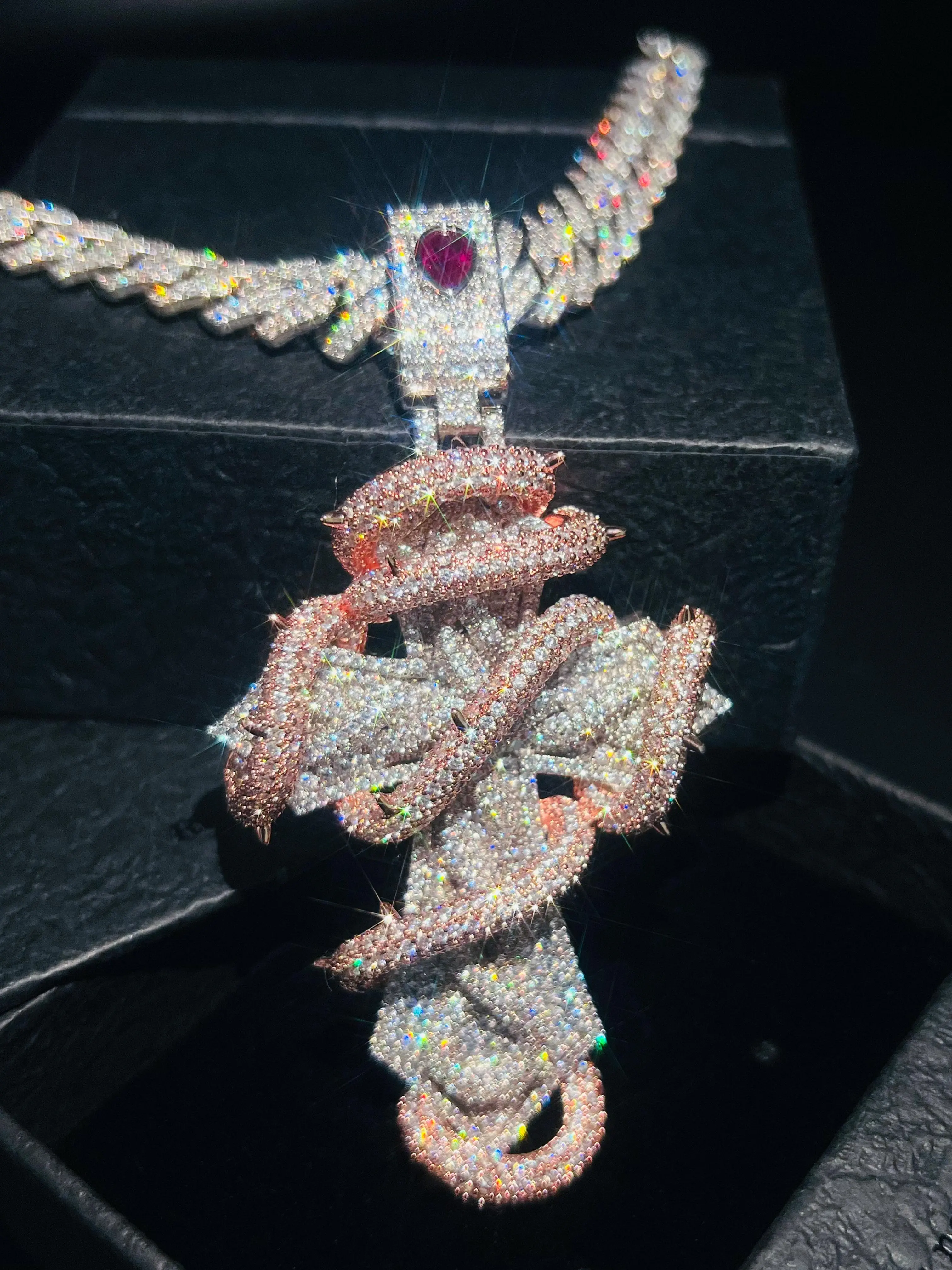 Hip-hop fashion two-tone fully diamond-studded snake cross pendant men's large brass necklace with special ruby clasp, Thanksgiving and Valentine's Day gift, jewelry gift for boyfriend