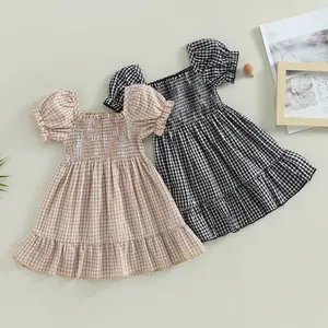 Toddler Baby Girl Dress Summer Clothes Outfit Puff Short Sleeve Plaid A Line Dress