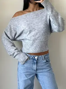 Women's One Shoulder Off-Shoulder Long Sleeve Short Soft Knit Sweater Cropped, Y2K Style, Spring & Fall, Casual Party Wear, Daily, Tops, Knitwear, Womenswear