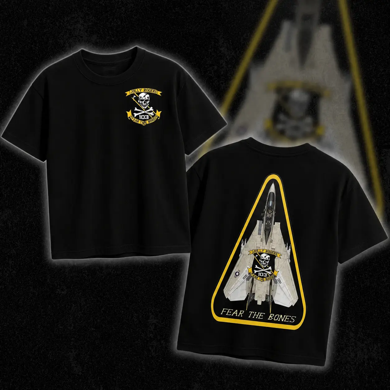 Jolly Rogers VF-103 Graphic Tee for Men, US Navy Strike Fighter Squadron T-Shirt, F-14 Tomcat Aviation Apparel, Fear The Bones Military Veteran Top, Casual Black Short Sleeve Everyday Mens Shirt, Tactical Streetwear