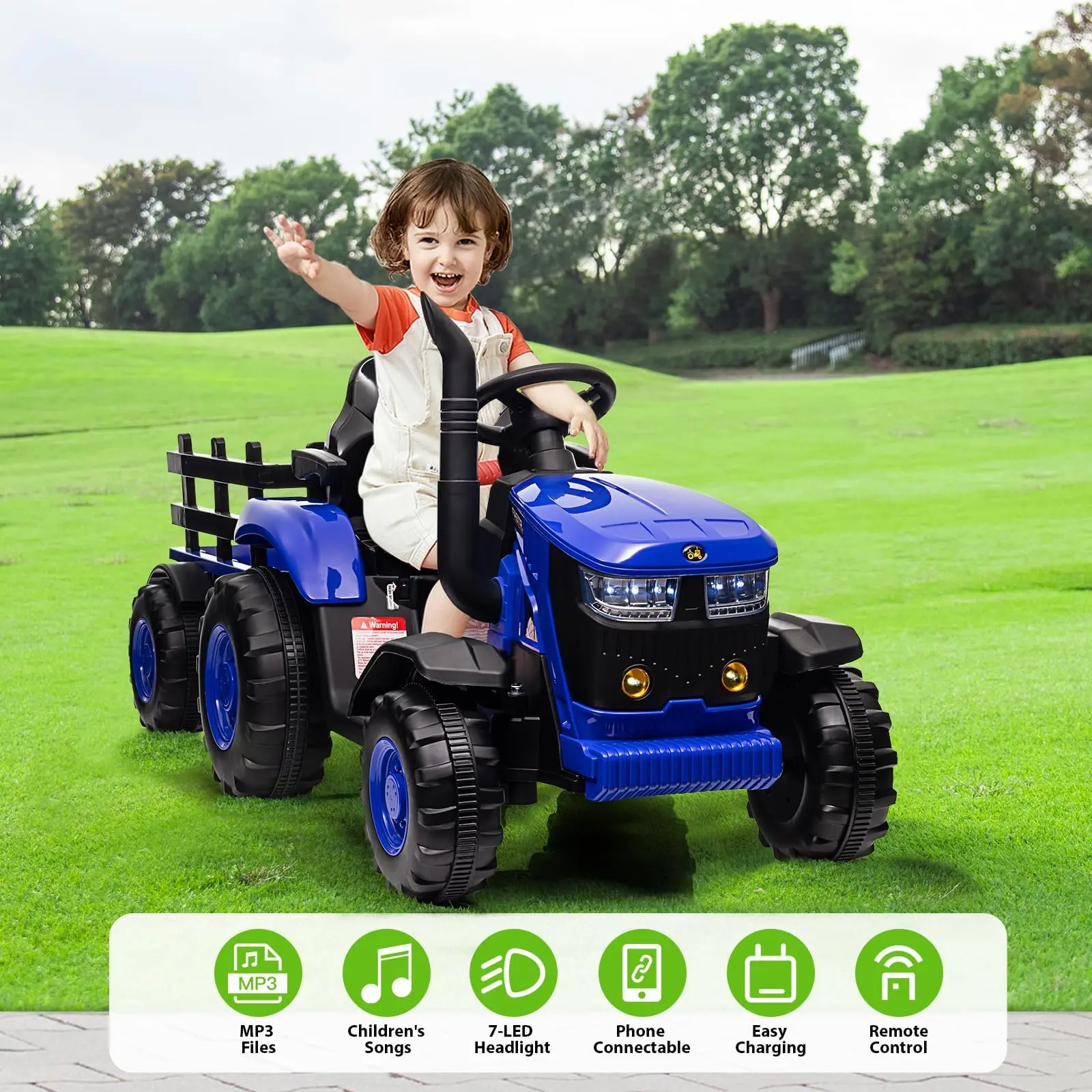 GARVEE 12V Battery-Powered Kids' Ride-On Tractor with Ride on Wheels - Remote Control, Detachable Wagon, 35W Dual Motors, Bluetooth Music, Built-in Songs, 3-Gear Shift, Safety Belt, 7 LED Lights (Blue)