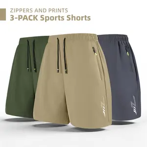 Men's 3-Pack Zipper Pocket Sports Shorts, with Reflective Prints, Drawstring Elasticated Waist, Zipper Side Pockets, Casual Shorts for Both Sports and Daily Wear
