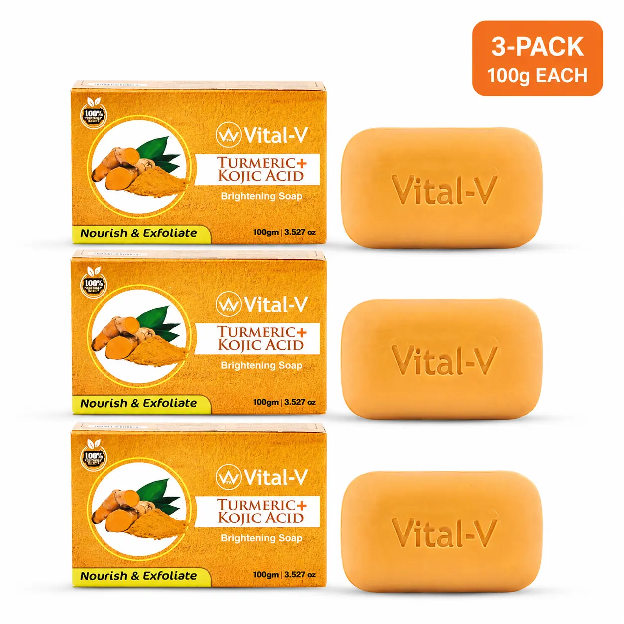 Vital-V Turmeric & Kojic Acid Brightening Soap Bars, 3-Pack (100g Each) for Face & Body Cleansing