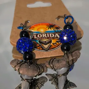 Florida Before Us Wire Wrapped Shark Tooth Earrings Handmade Unique Design with Blue and Black Beads and Natural Shark Teeth