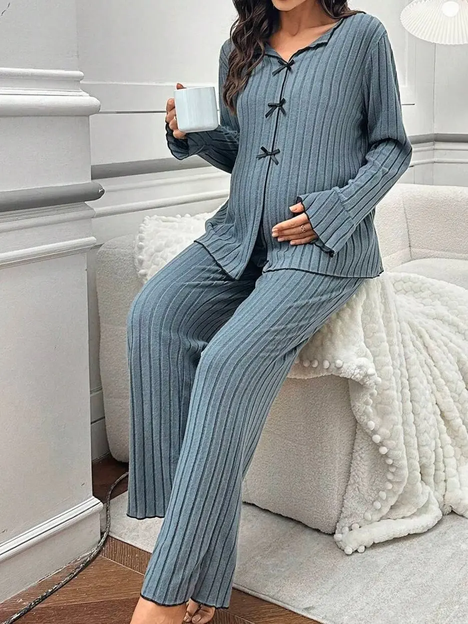 Maternity Dusty Blue Rib-Knit Pajama Set with Bow Decor Cozy Long Sleeve V Neck Top & Loose Fit Pants for Spring Fall Winter