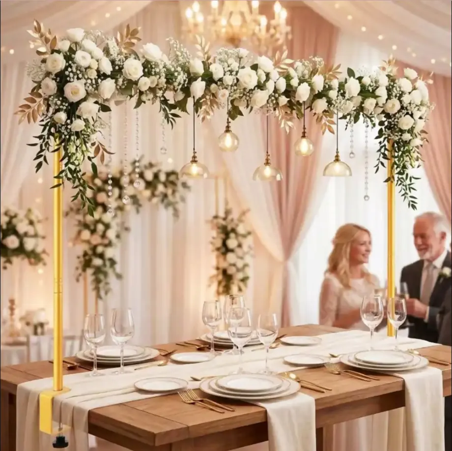 Over The Table Rod Stand with Clamps 31"-110" Length 31"-64" Height Adjustable, Table Metal Arch Hanging Stand, for Wedding Party Birthday Anniversary Decoration (Gold)