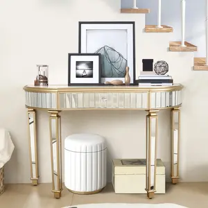 47" Half-Moon Mirrored Console Table - Fluted Glass, Crystal Knob Drawer, Silver/Gold Entryway Vanity Desk for Bedroom, Dressing Room (Small Console Table Entryway), Entryway Table