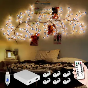 Cherry Enchanted Willow Vine Lights, 7.55FT 144LED Blue Cherry Blossom Tree Branch Lights for Wall, Remote Timer,8 Light Model,Bedroom Wall Doors Wedding, Christmas, USB Battery Box
