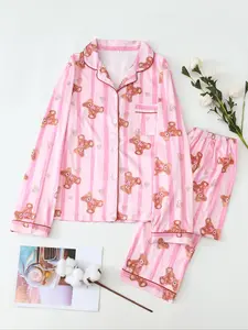 Women's Cartoon Bear ＆ Striped Print Pajama Two-piece Set, Casual Comfy Long Sleeve Top & Pants Pj Set, Ladies Sleepwear for All Seasons, Casual Pajamas Outfit