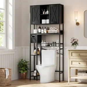 Modern Rustic Over Toilet Storage Cabinet, 2 Doors Bathroom Organizer with Toilet Paper Holder, Waterproof Freestanding Shelf for Small Bathroom, Black & Huoshaoyun