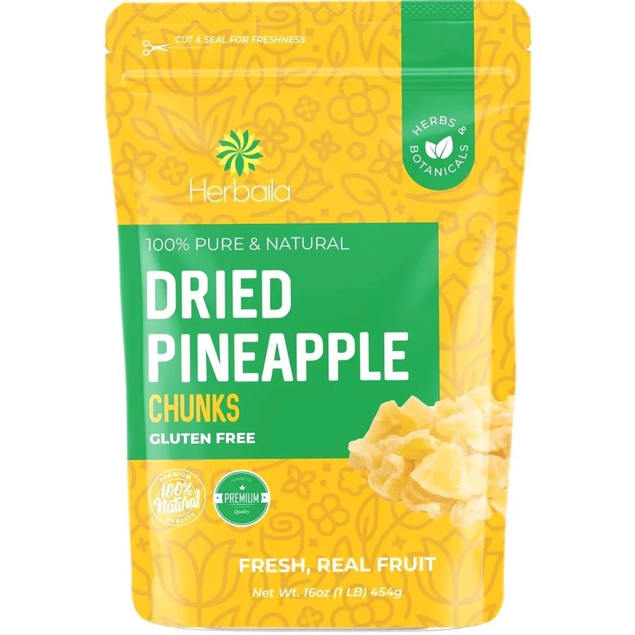 Herbaila Dried Pineapple Chunks, 1 Pound. Dehydrated Pineapple Chunk, Dehydrated Pineapple Bulk, Dried Pineapple Bits. All Natural, Non-GMO, Lightly Sweetened Dried Pineapples, 16 oz.
