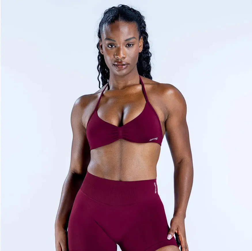 (With Logo) DFYNE Women's 2-Piece Seamless Ruched Halter Workout Set - High-Waist Fitted Gym Wear, Front Ruching, High Stretch for Deep Bends, Gym Yoga Outfit