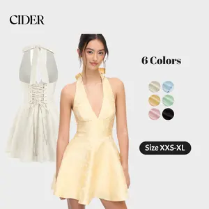 Cider Jacquard Sculptural Halter V-neck Lace Up Backless Ruffle Mini Dress