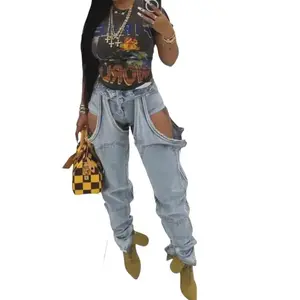 Women’s baggy street-style mom jeans/straight-leg pants — hollow-out design, zipper closure, high stretch, irregular denim, vintage look, pockets