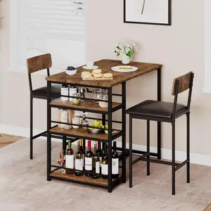 Rustic Brown 3-Piece Counter Height Bar Table Set with 3 Storage Shelves & 2 Upholstered Bar Height Chairs for Small Spaces Apartment Dining Room Wood Home