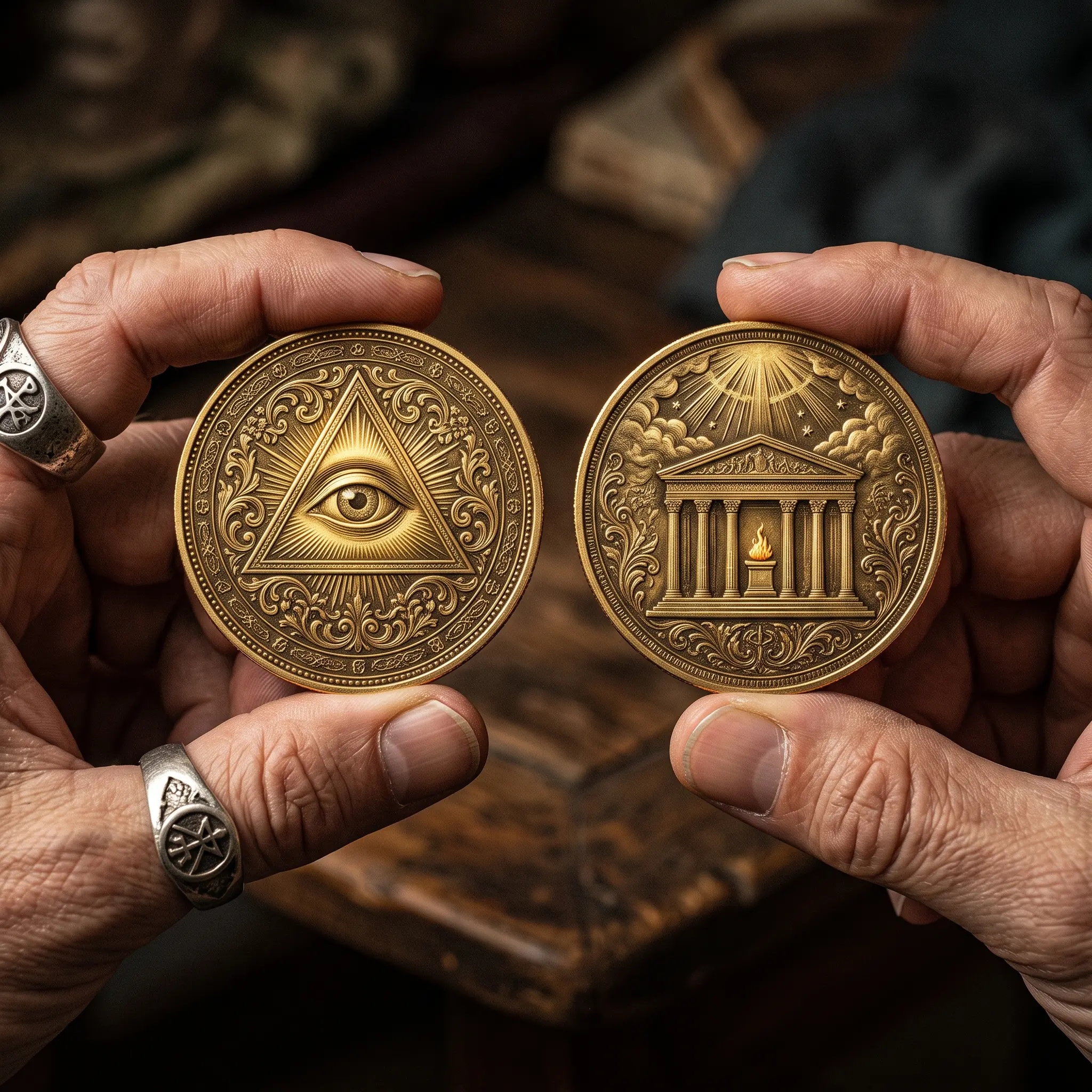 Illuminati Metal Coin - Double-Sided Eye & Temple Token, Secret Society Souvenir, Unique Collectible Gift for Mystery Enthusiasts