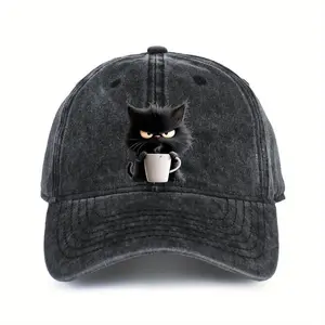 Trendy Retro Washed Baseball Cap Cute Cat Print Curved Brim Cubic Textured Fabric Adjustable Size Men's & Women's Style Sun Protection Design Valentine's Day Gift