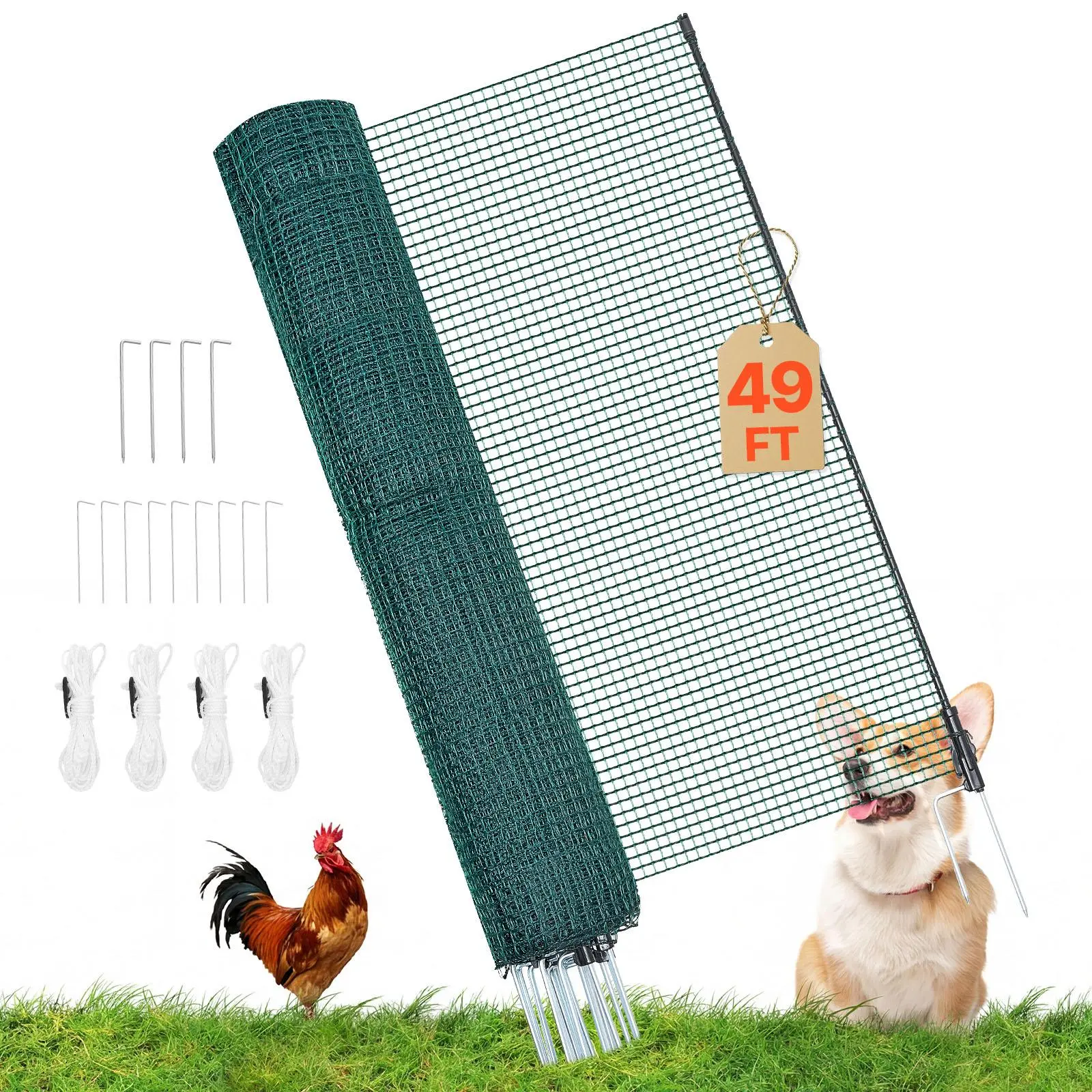 VEVOR Temporary Fence with Posts, 3.9 x 49.2 FT Plastic Mesh Fencing, Garden Safety Fences Netting with Double-Spike Stakes & Guy Ropes, Temporary Fence for Dogs, Chickens, Plants, Outdoor Yards#BackToSchool