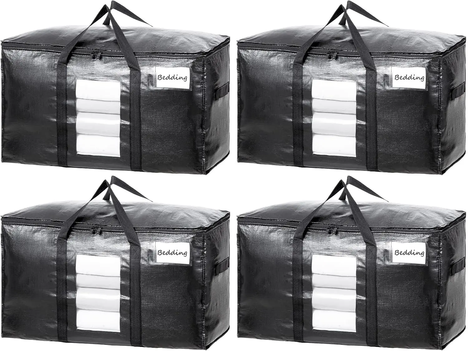 TAILI Extra Large Heavy-Duty Moving Bags (4 Pack Black) - Eco-Friendly Modern Multi-Purpose Space Saving Organizer Totes with Visible Window, Wrap-Around Handles, Lid, Zipper, Alternative to Moving Boxes
