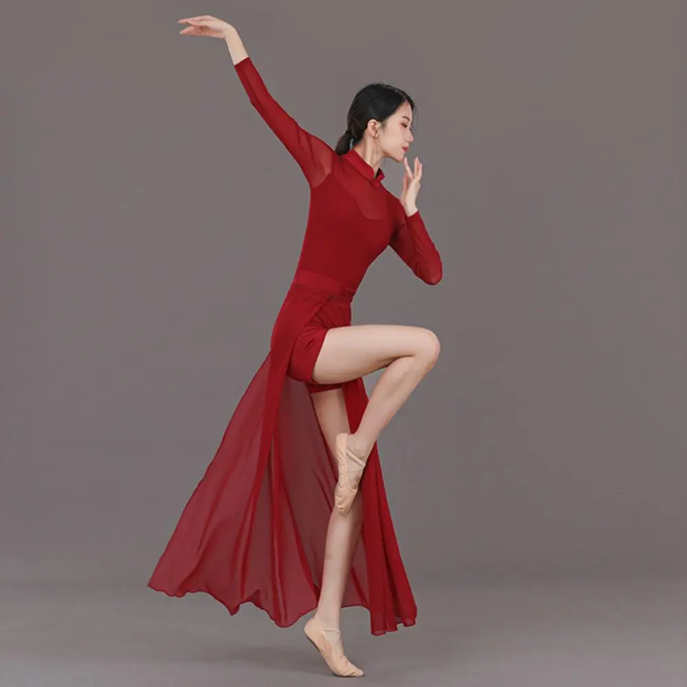 Womens Lyrical Dance Dresses Mesh Splice High Waist Slit Modern Contemporary Ballerina Dancewear Ballroom Performance Costume