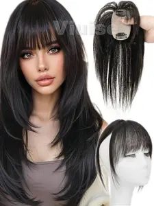 Clip In Hair Topper with Bangs for Women - Ombre/Highlight Straight Real Human Hair Clip-In Extensions, Hairpiece, Real Hair Toppers,5x9cm,Adds Volume & Length,Thinning Hair Increase hair volume & Covering white hair,Styling With Bangs,Covering White Hair