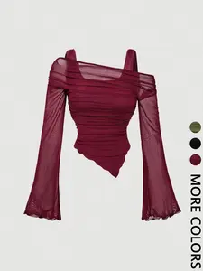 1 Spring Summer Off Shoulder Mesh Crop Top Women | Burgundy Ruched Waist Flared Long Sleeve Asymmetric Top | Y2K Baddie Coquette Style for Date Night Club Party Going Out Wear Shirts