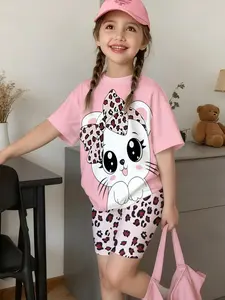Dopamine Girls Pink Cat Leopard Print Short Sleeve Biker Shorts Set Summer Energetic Sweet Kids Streetwear 2Pcs