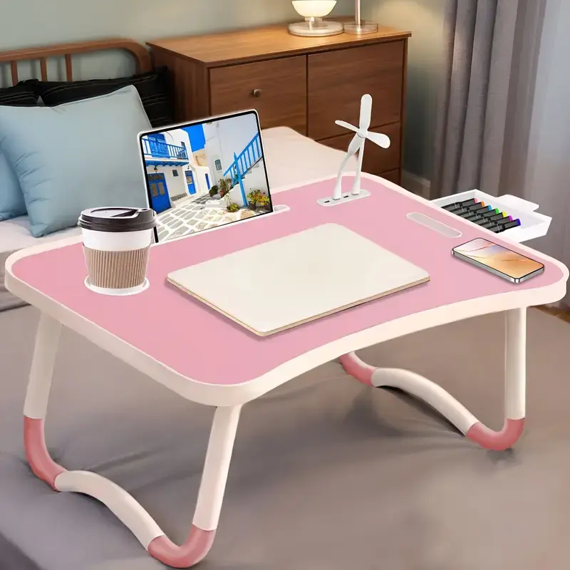 Ultra Large Portable Laptop Foldable Bed Table, Folding Computer Table Bed Computer Desk with Cup Holder, Drawer, USB, Fan, And Light Stable Durable Foldable for Eating Reading Writing School Supplies