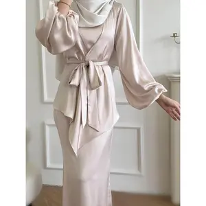 Two-Piece Set Women's Plain Lantern Sleeve Asymmetrical Hem Belted Modesty Abaya & Tank Dress Islamic Set, Modest Casual Two Piece Outfits for Daily Outdoor Wear, Ladies Clothes for All Seasons