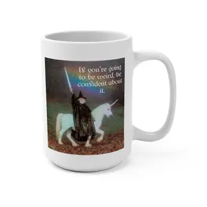 Classic Character Design Pottery Mug - Confidently Weird Wizard Riding Unicorn, Washable, Customizable Ceramic Colorful Character Mugs for Kitchen Use, Pottery Mugs