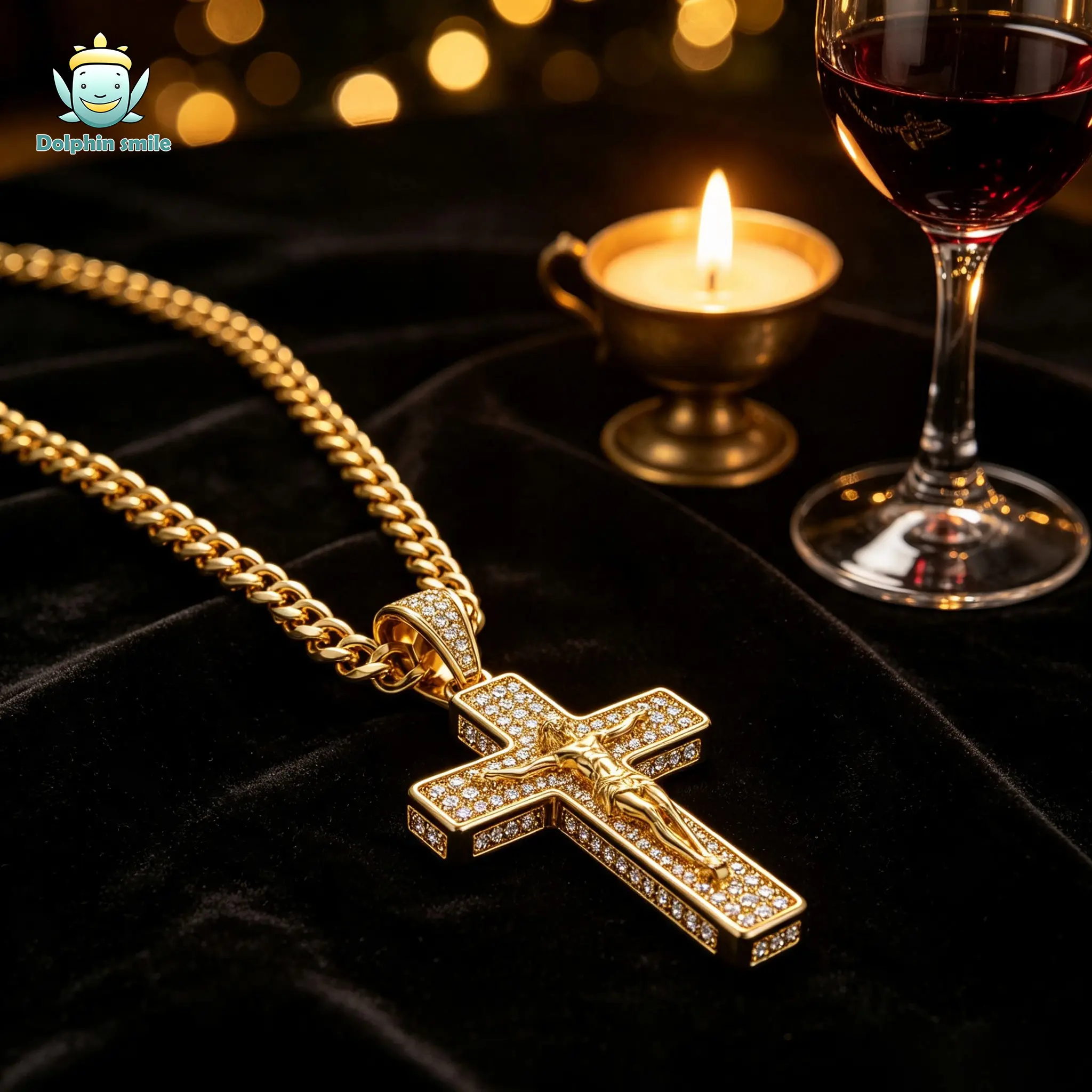 DolphinSmile 14K Gold Male Christian Cross Necklace - Jesus Figure Pendant with Nanotech Tarnish-Free Cuban Link Design, Figaro, Miami Rope Chains for Religious Jewelry