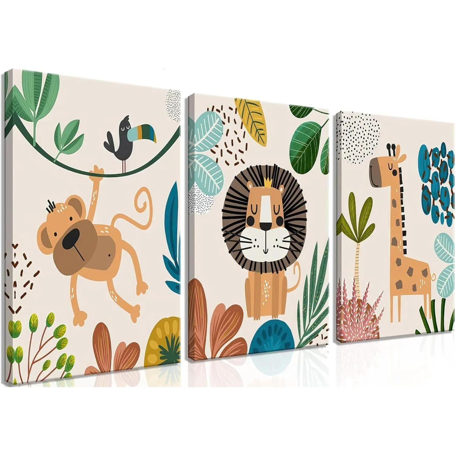 Safari Jungle Nursery Wall Decor Set of 3 - Framed Animal Canvas Wall Art for Baby Room, Toddler Boy or Girl Bedroom, Cute Safari Themed Baby Nursery Decor
