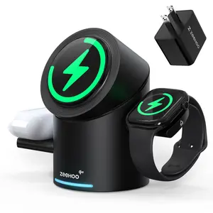 ZEEHOO CylinTrick-R  3in1 Magnetic Wireless Charging Station with 30W Charger: All-in-One Charger for iPhone 16 Pro 15 14 13 , Apple Watch, AirPods, 15W Qi2 Fast Charging, Space-Saving & Portable, Electronics Accessories for Smartphone & Cellphone