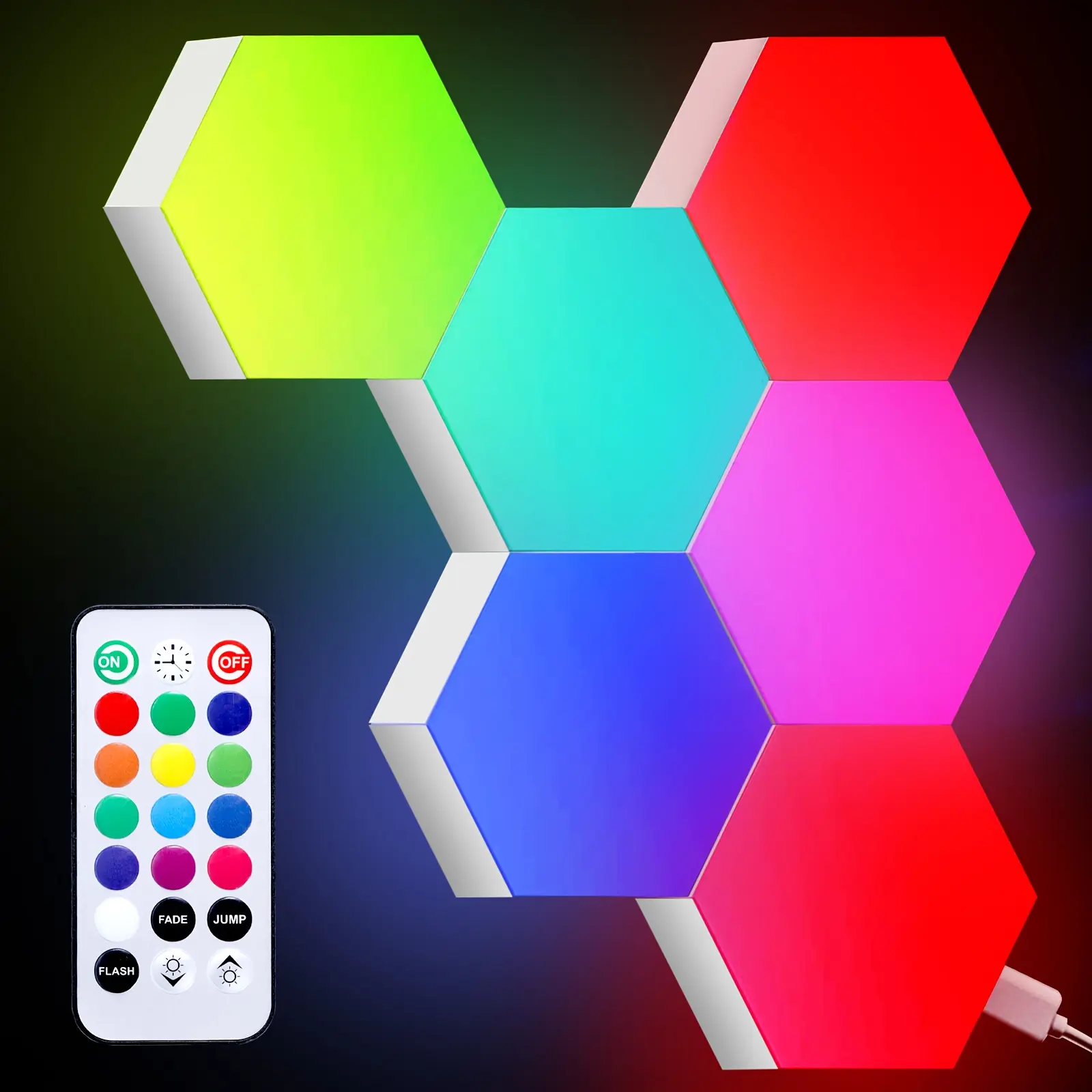6-Pcs Upgraded Smart Color-Changing Hexagonal Plastic RGB LED Lighting Panels, USB-Powered Modern Wall Lights for Cozy Living Rooms & Bedrooms, Universal Electronics Accessory