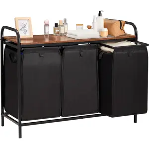 3 Section Laundry Hamper with Shelf, Laundry Basket Organizer with 3 Pull-Out Removable Bags 3*12.3Gal(46.6L), Laundry Sorter for Clothes Organization in Bedroom, Laundry Room, Brown