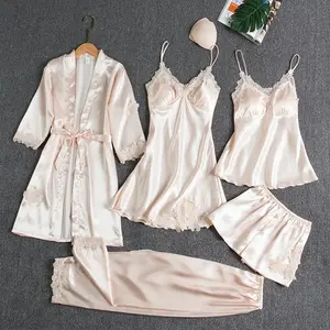 Women's Pink Leather Five - Piece Pajama Set with Chest Pads Long Sleeve Breathable Nightgown and Pants Spring Autumn Loungewear for Home Christmas Pajamas Floral Spaghetti Strap A-Line Dress Mini Polka Dot Casual Dress Halter Neck Polka Nightwear Fabric