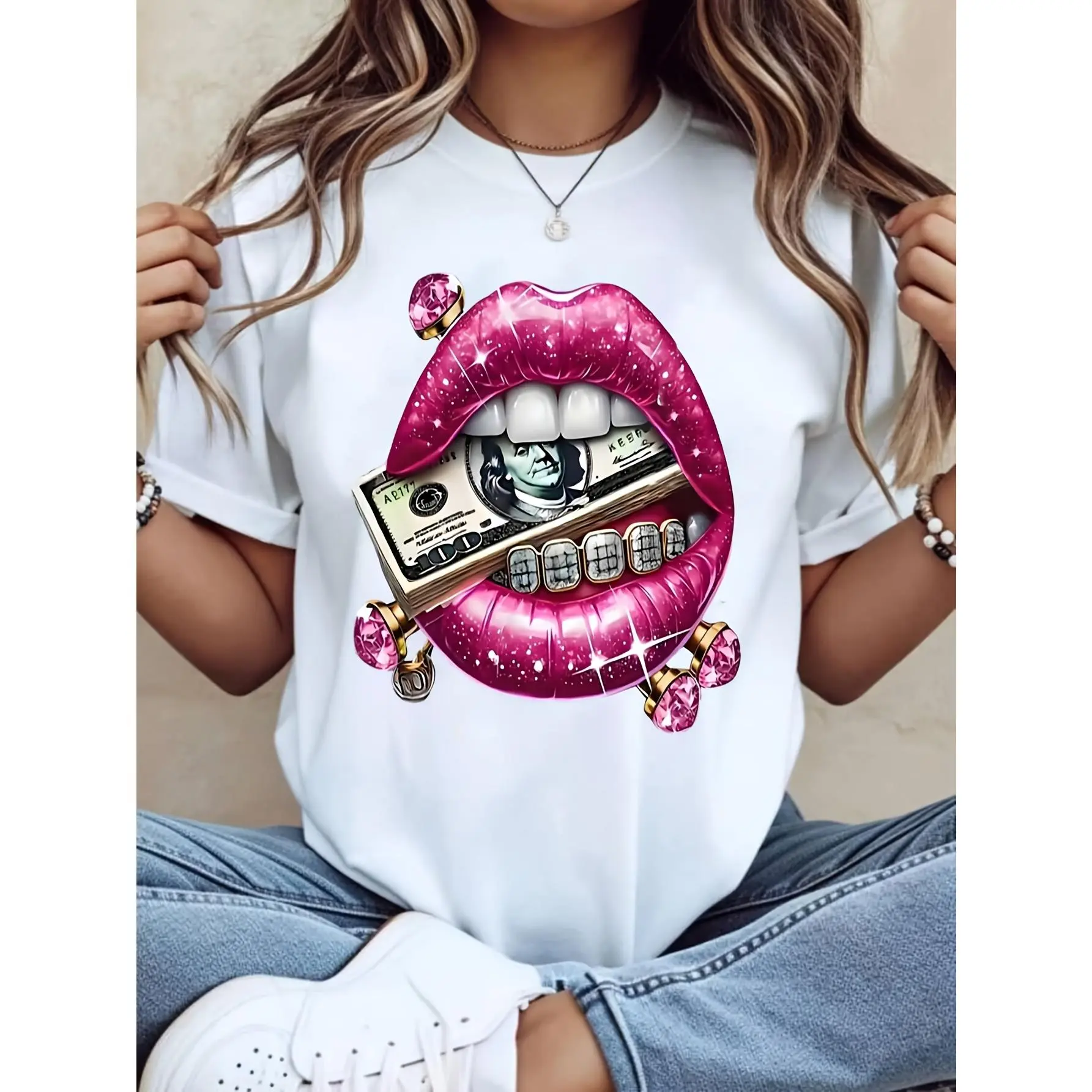 Women's Hip Hop T-Shirt with Glittery Pink Lips Graphic, Soft 100% Cotton Streetwear Essential, Breathable Heavyweight Oversized Fit, Flat, Shortsleeve, Tops, Fabric, Tee