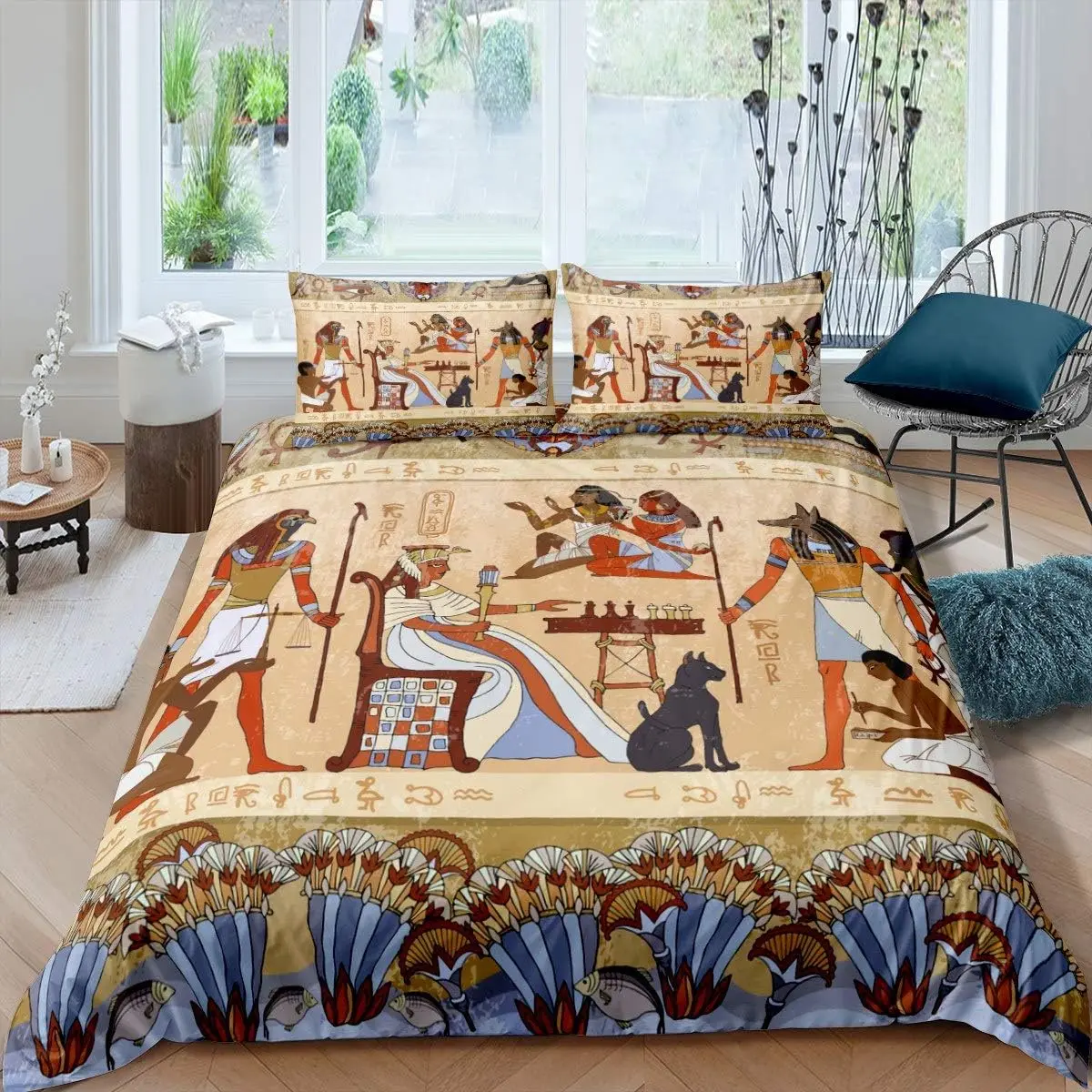 Feelyou Polyester Fiber Decorative Duvet Cover Set - Twin Printed Bedding, 3D Vibrant Prints, Ancient Egypt King, Tribal Eagle Dog Motifs, Egyptian Culture Design, Bedroom Decor, Zipper Closure, Machine Washable (No Comforter), Printed Bedding Set