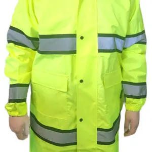 48" Class II Yellow Safety Rain Coat / Waterproof Rain Coat with Hoodie Waterproof