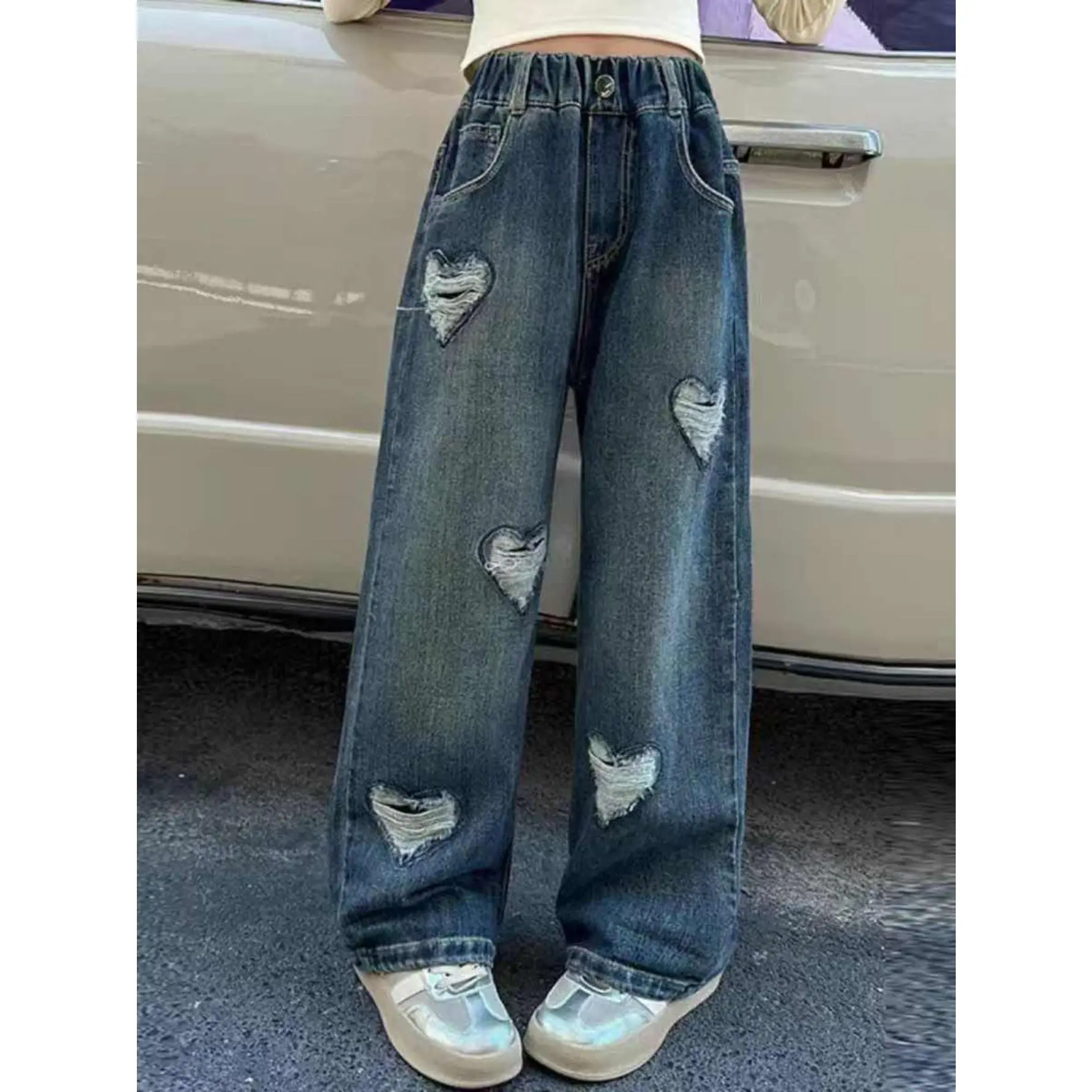 Girls' Loose Straight Washed Distressed Denim Pants - Non-Stretch Straight Pants, Machine Washable - Casual Street Style (Suitable for outings, parties, and other occasions)