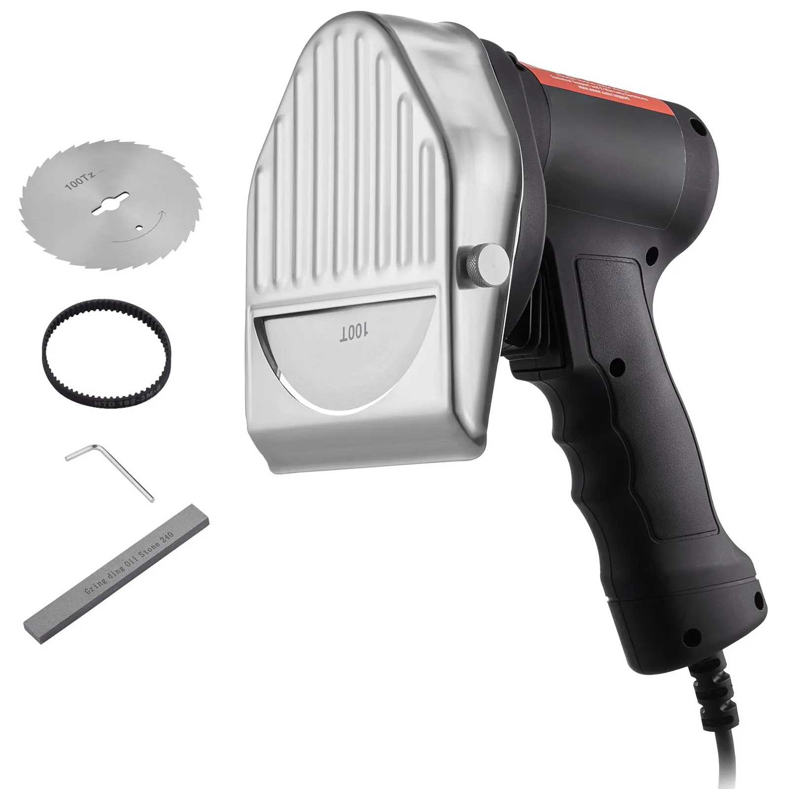 【Summerfinds】VEVOR 80W Commercial Electric Shawarma Slicer, 5Cr15MoV Stainless Steel 2 Blades (4in/100mm Diameter), 0-8mm Adjustable Thickness, Fast Cut Doner Kebab Gyro Cutter with Sharpening Stone, Hex Wrench, Detachable Parts, External Cord, Doner Keba