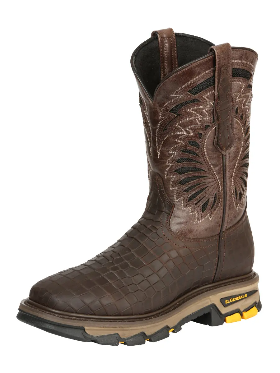 El General Men's Leather Work Boots - Made In Mexico - Embossed Caiman Print - Choco 45809