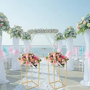 Metal Wedding Flower Stand Floor Vase Column Flower Stand Geometric Centerpieces Vase for Tabletop Flower Arrangement, Wedding and Event Reception Tables Decoration (2Pcs,15.74" H, Gold) Christmas Backdrop Light Ornaments