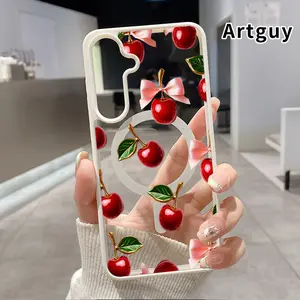 Magnetic Phone Case Compatible with Samsung Galaxy S24 Plus S25 S23 FE S22 Ultra S22+ Cherry Bow Delight Acrylic Back Matte TPU Edges Full Body Coverage Ultra Slim Back Cover Gift for Girl